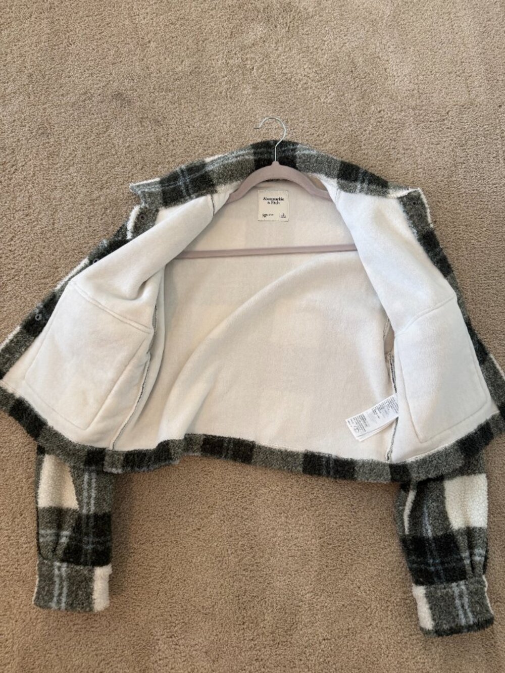 Abercrombie & Fitch Green Plaid Cropped Sherpa Fleece Jacket S - Picture 5 of 6